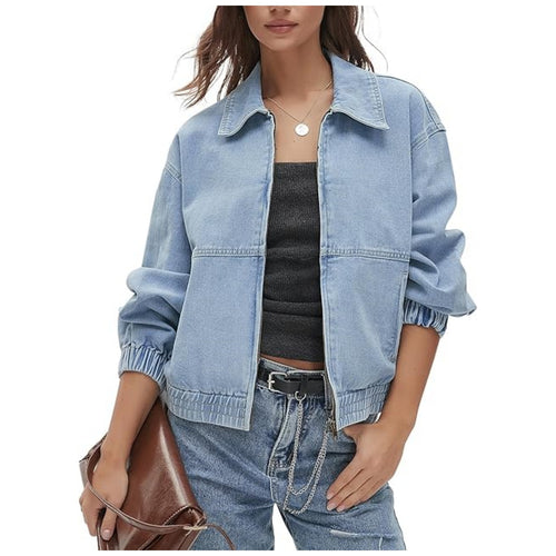 Damen Leichte Cropped-Jeansjacke mit Gummibündchen und Reißverschluss Nord Taschen