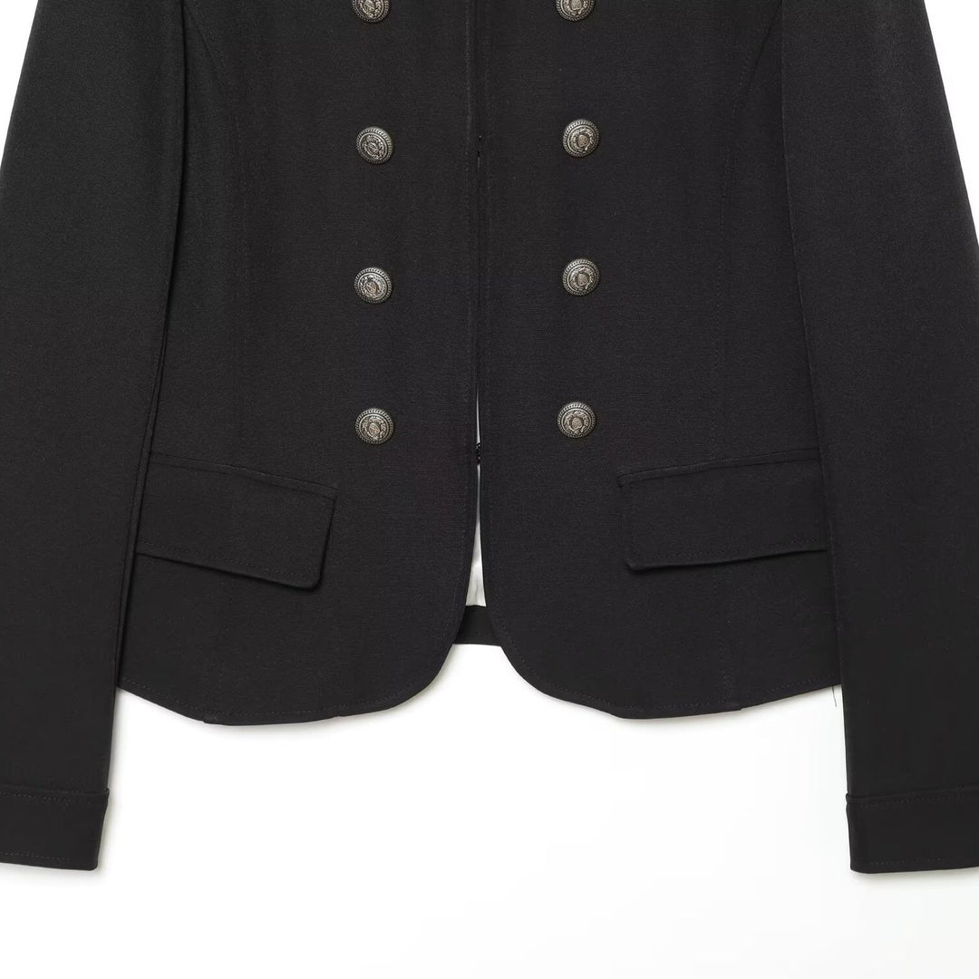 Damen Militärisch inspirierte Doppelreihige Kurzjacke mit Stehkragen und Epauletten Nord Taschen