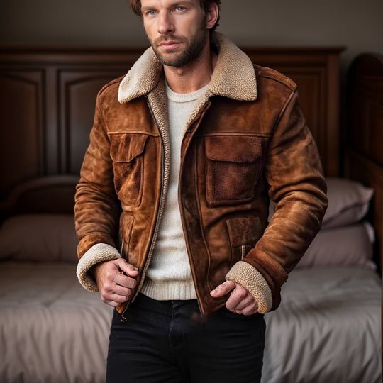 Herren Lammfell‑Imitat‑Fliegerjacke im Vintage‑Lederlook Nord Taschen