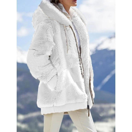 Damen Oversized Sherpa-Zipjacke mit Kontrastkragen, Rippbündchen und Kordelzug Nord Taschen