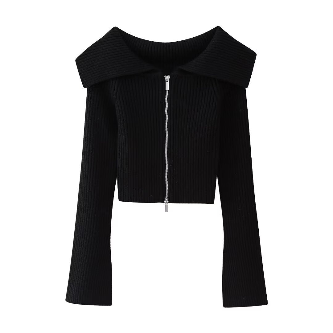 Damen Kurz geschnittene Rippenstrick-Jacke mit weitem Carmenkragen und durchgehendem Reißverschluss Nord Taschen