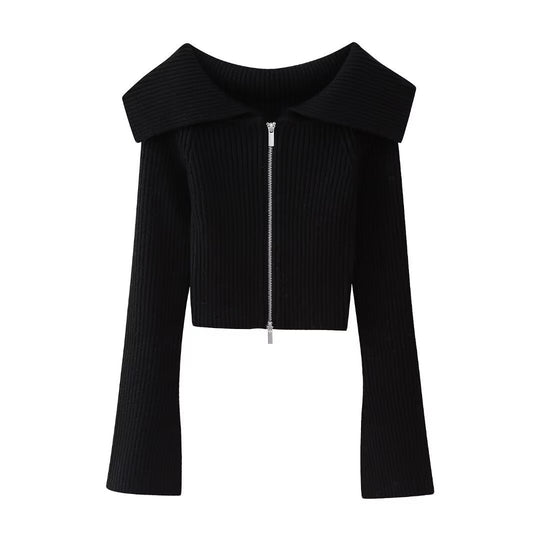 Damen Kurz geschnittene Rippenstrick-Jacke mit weitem Carmenkragen und durchgehendem Reißverschluss Nord Taschen