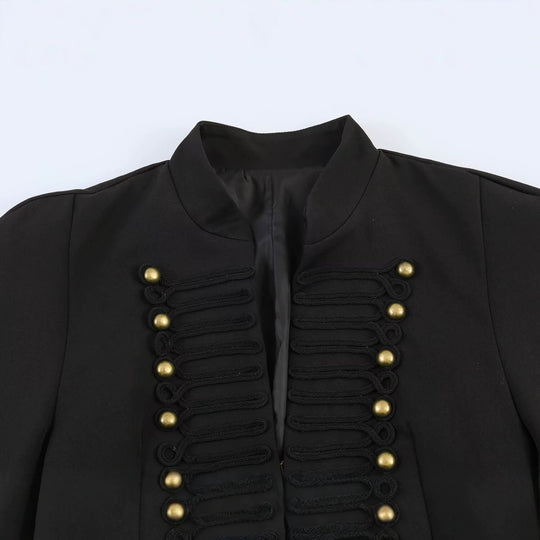 Damen Kurzgeschnittener militärinspirierter Blazer mit Stehkragen und Zierkordel-Front Nord Taschen