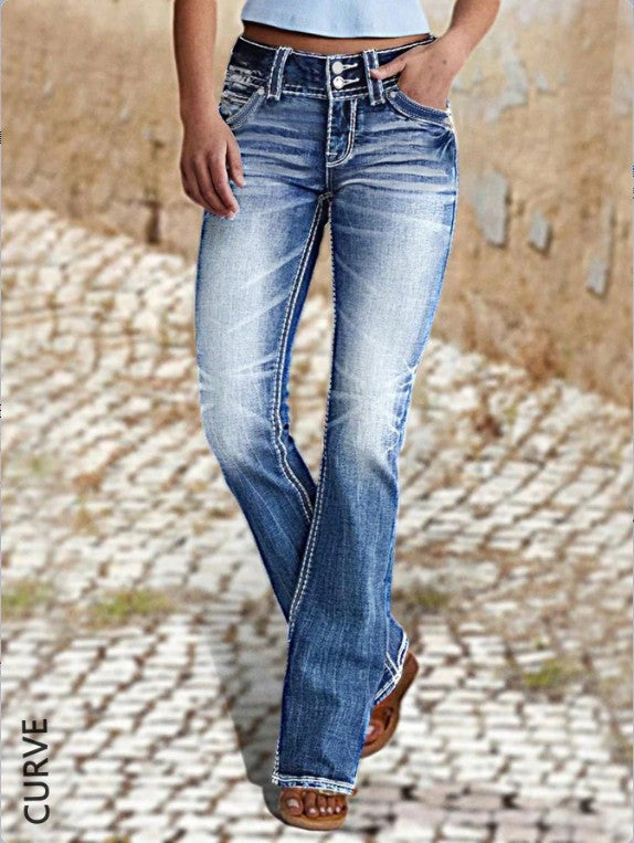 Damen Bootcut-Jeans mit sculptendem V-Bund, dekorativer Kontraststeppung und Vintage-Wash Nord Taschen