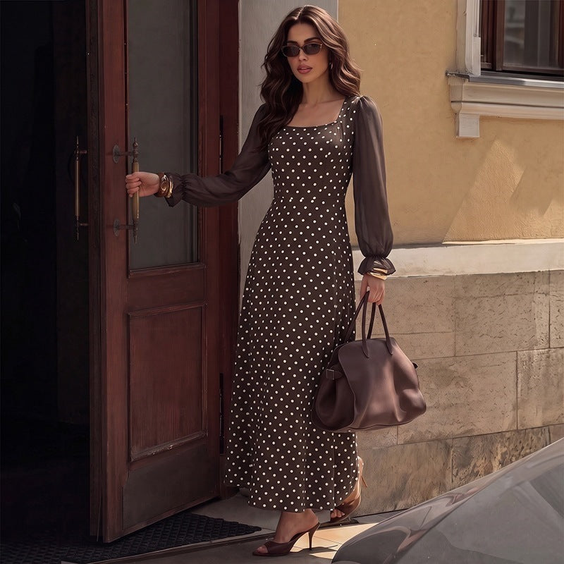 Damen Retro-inspiriertes Polka‑Dot‑Maxikleid mit quadratischem Dekolleté und transparenten Plissee‑Ärmeln Nord Taschen