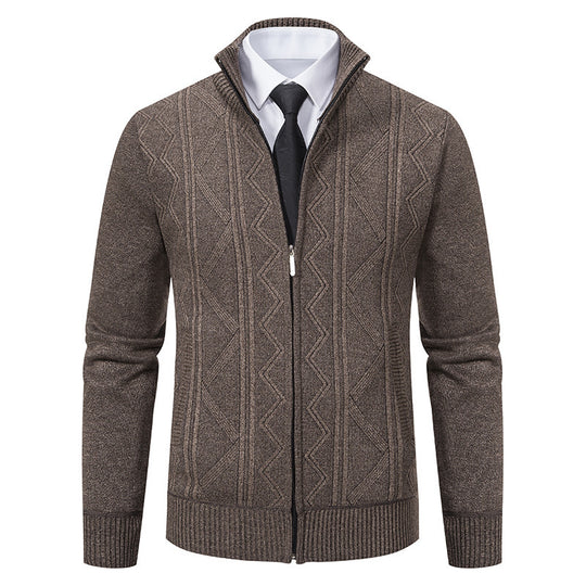 Herren Strukturiertes Feinstrick-Zipcardigan mit Stehkragen und geometrischem Zopfmuster Nord Taschen