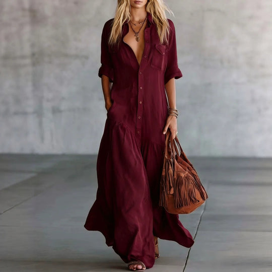 Damen Langes fließendes Hemdblusen-Maxikleid mit Knopfleiste, aufgesetzten Brusttaschen und seitlichen Eingrifftaschen Nord Taschen