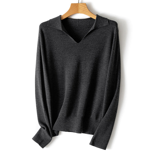 Damen feiner leichter V-Ausschnitt-Pullover mit offenem Hemdkragen und legerer Silhouette Nord Taschen