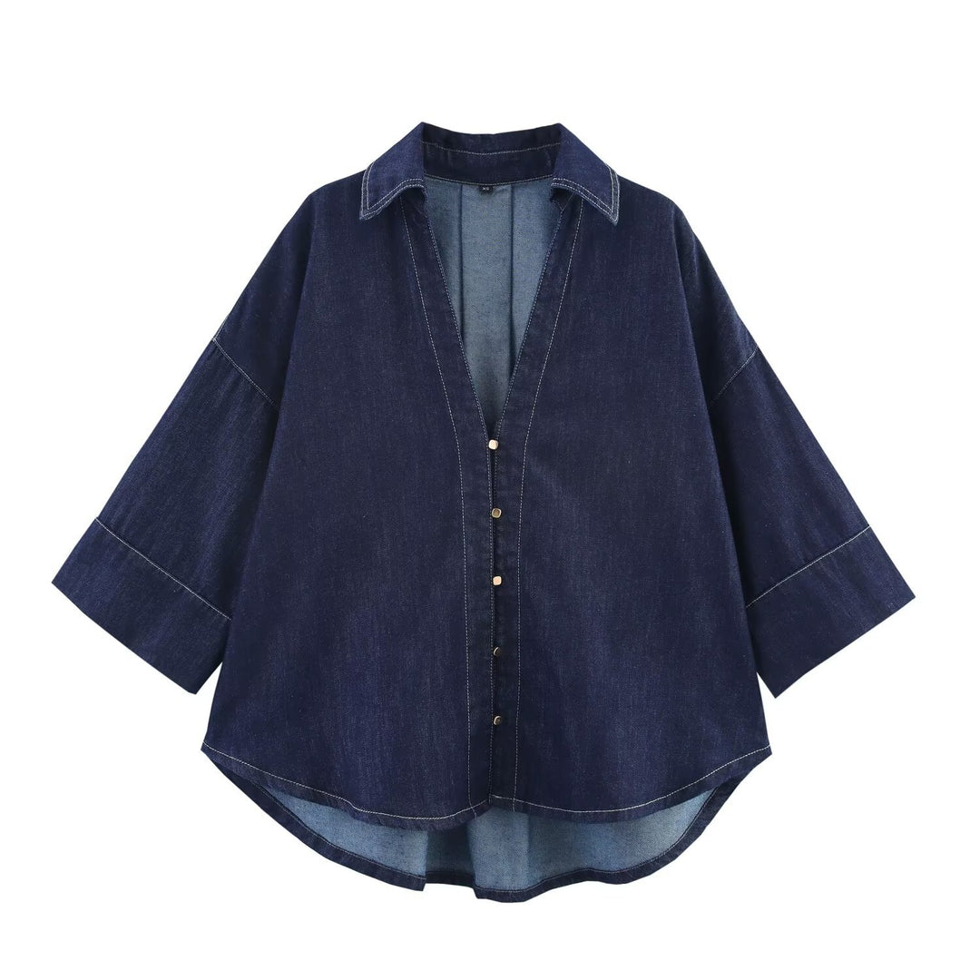 Damen Oversized Denim‑Hemdenjacke mit dreiviertel Ärmeln und High‑Low‑Saum Nord Taschen