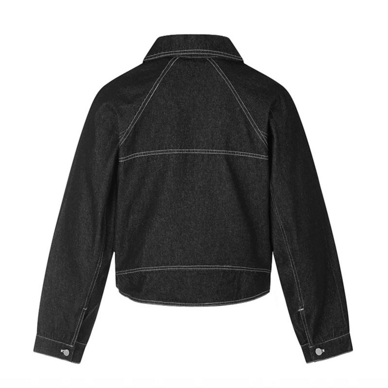 Damen Cropped Denim-Jacke im Western‑Look mit Kontrastnähten und Metall-Druckknöpfen Nord Taschen