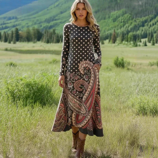 Damen Elegantes Maxikleid mit Punkten und Paisleymuster Nord Taschen