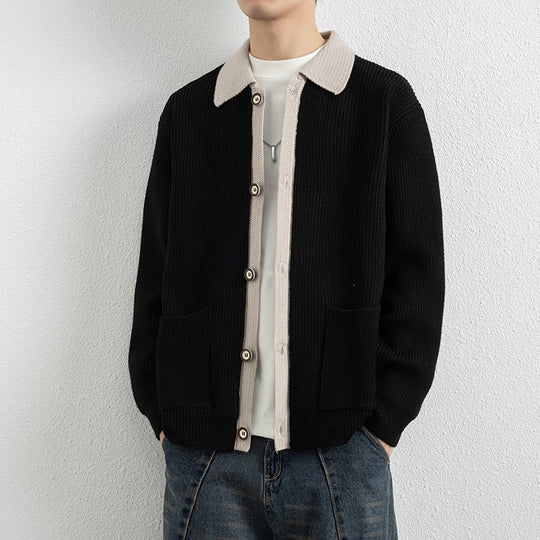 Herren Kontrastkragen-Strickjacke mit durchgehender Knopfleiste und aufgesetzten Taschen Nord Taschen
