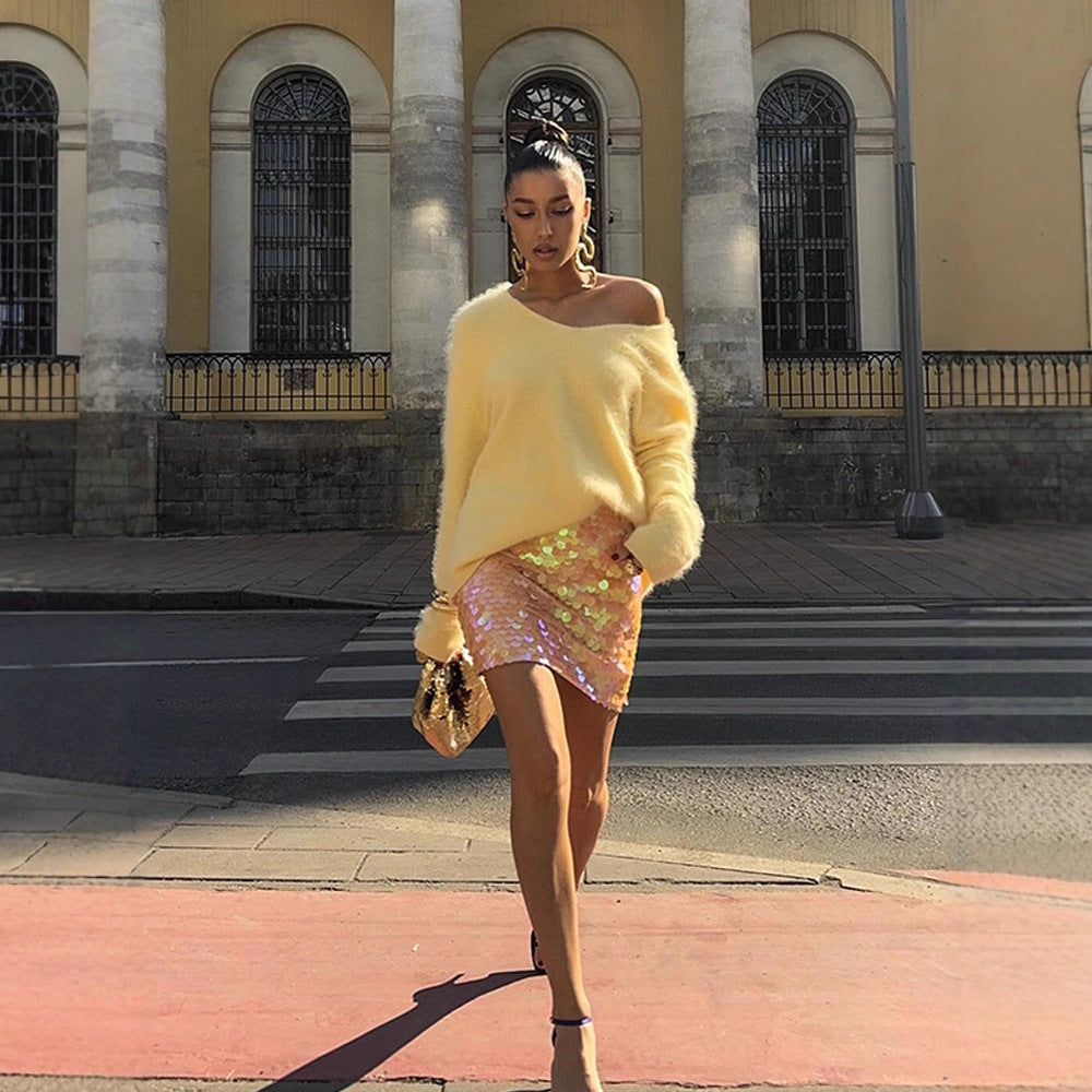 Damen Kuscheliger Oversize Mohairpullover mit V-Ausschnitt und verlängertem Rückensaum Nord Taschen