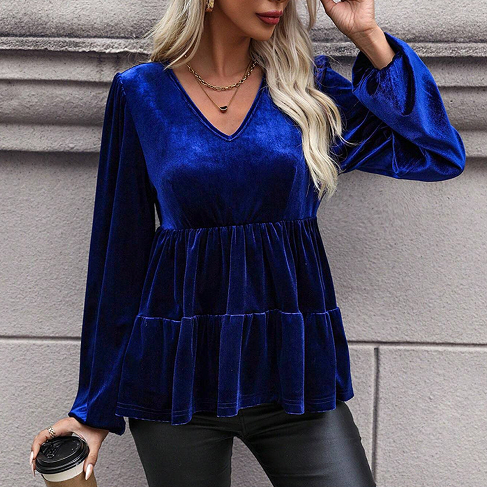 Damen samtiges Volant‑Peplum‑Top mit V‑Ausschnitt, geraffter Taille und langen Ballonärmeln Nord Taschen