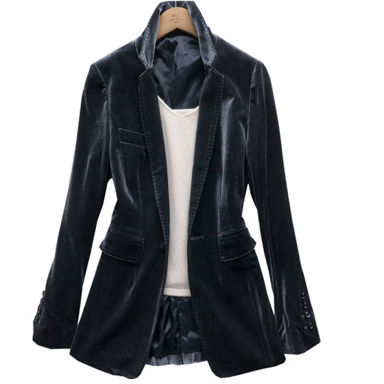 Damen Langer Samt‑Blazer mit taillierter Schnittführung, Pattentaschen und geriffeltem Revers Nord Taschen