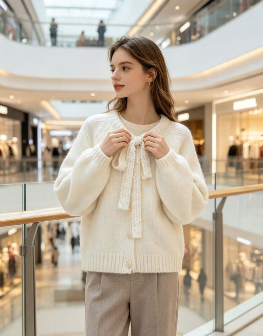 Damen Oversize Strickpullover mit dekorativem Blumen-Spitzenband Nord Taschen