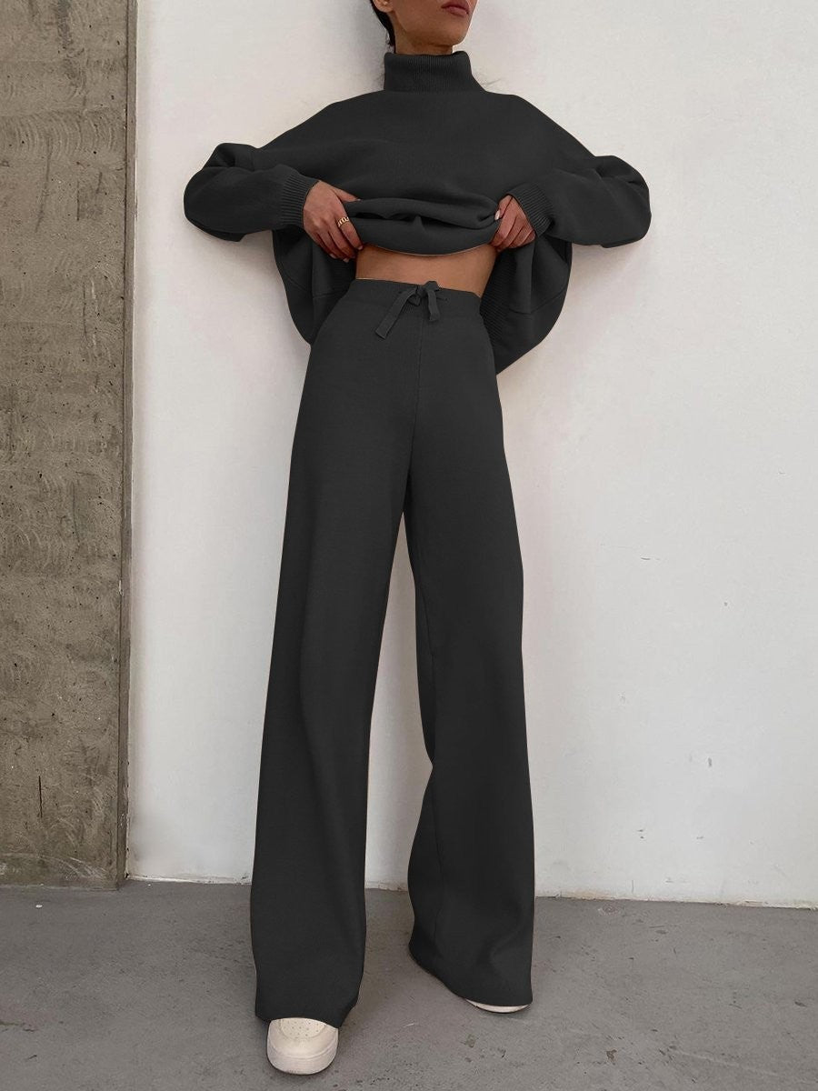 Damen Weite Strickhose mit hoher Taille, Tunnelzug und weitem Bein Nord Taschen