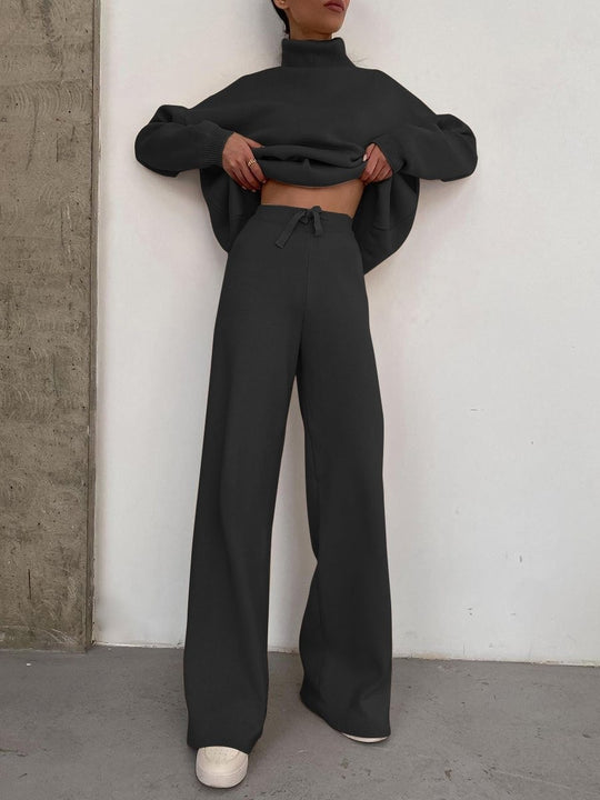 Damen Weite Strickhose mit hoher Taille, Tunnelzug und weitem Bein Nord Taschen