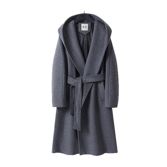 Damen Maxi-Mantel mit überzogener Kapuze, Bindegürtel und minimalistischer Wollmix‑Silhouette Nord Taschen