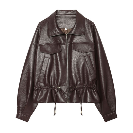 Damen Kurzer Lederoptik Blouson mit Tunnelzugtaillierung Nord Taschen