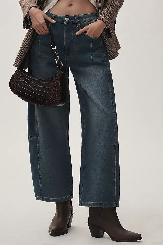 Damen hochgeschnittene weite Culotte-Jeans mit verkürzter Länge und dekorativen Nahtdetails Nord Taschen