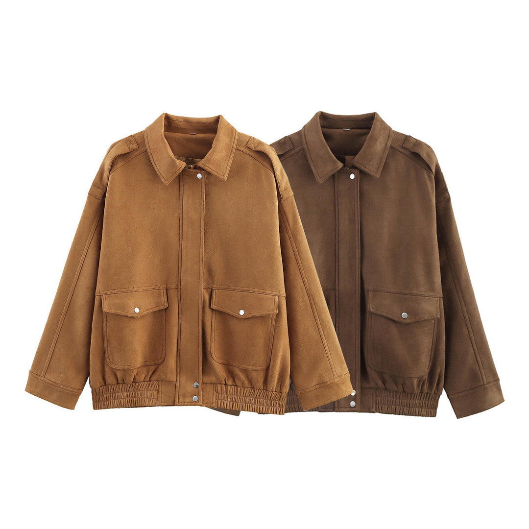 Damen Oversize Velours-Optik Jacke mit Pattentaschen, Druckknopffront und elastischem Saum Nord Taschen