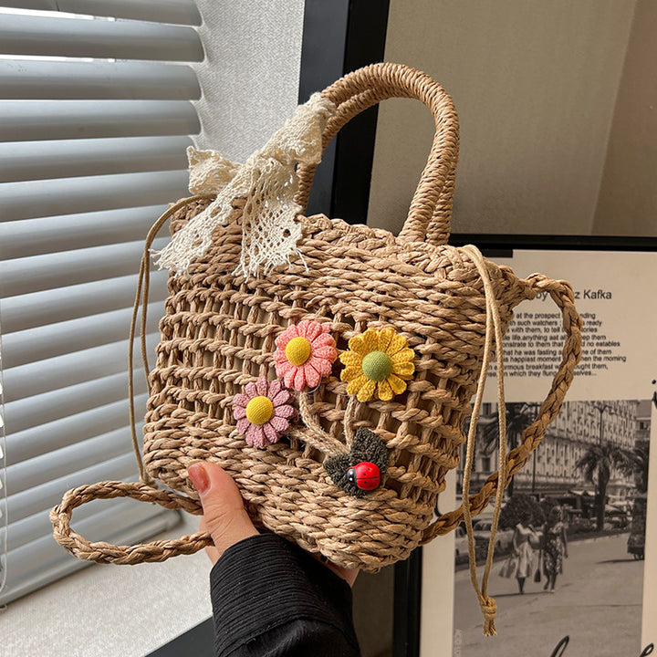 Damen handgefertigte Basttasche mit buntem Floraldesign Nord Taschen