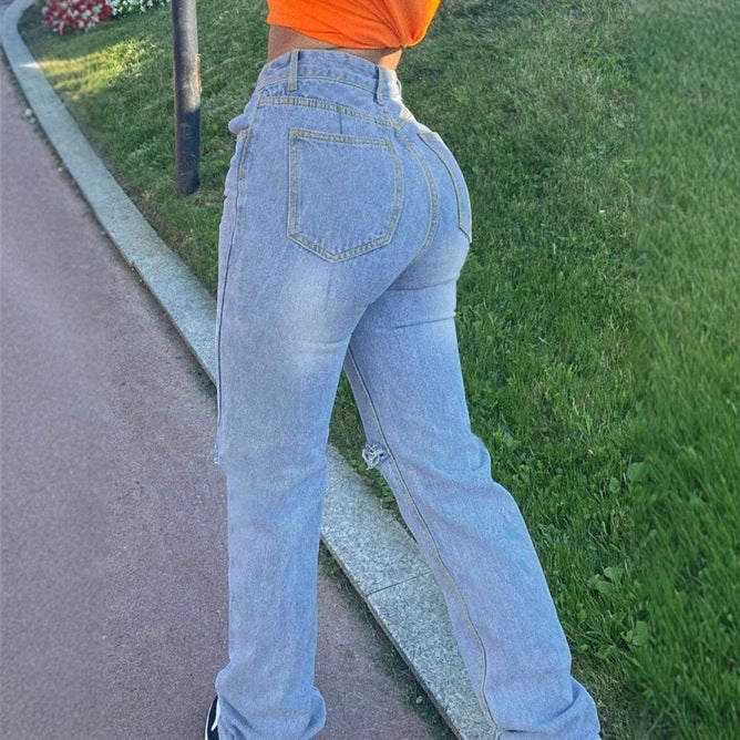 Damen hochtaillierte Jeans mit geradem Bein, Knie‑Rips und gestapeltem Saum Nord Taschen