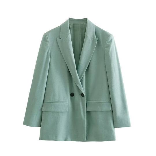 Damen Doppelreihiger Longblazer mit weitem Schalkragen und Pattentaschen Nord Taschen