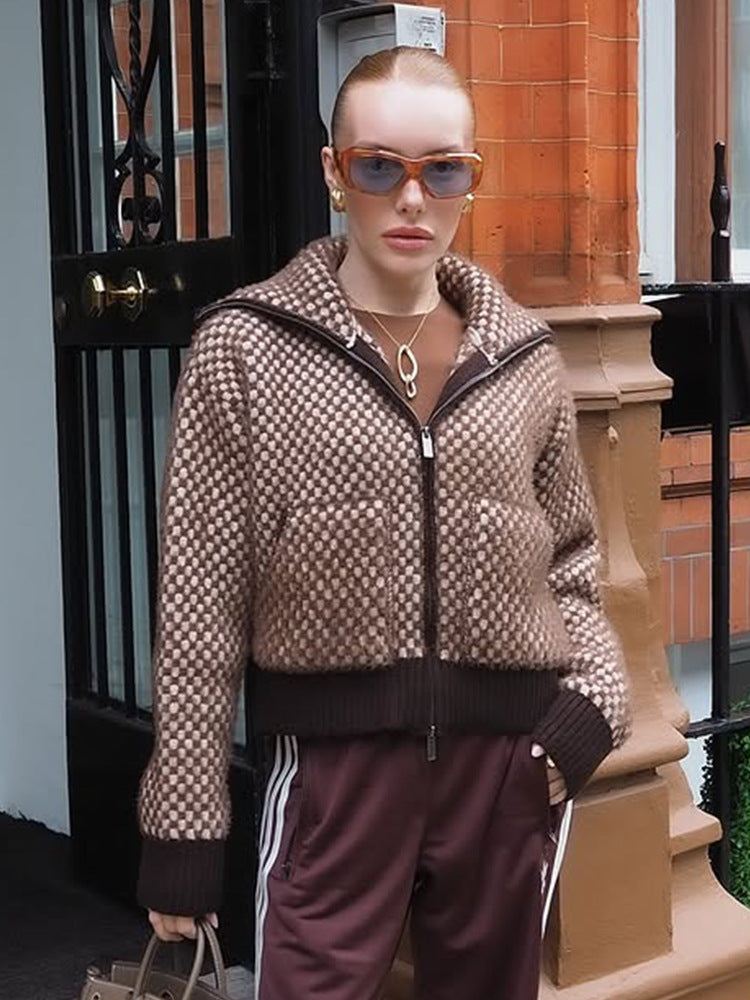 Damen Kurzgeschnittener Strick-Zipcardigan mit Kapuze und Strukturmuster Nord Taschen