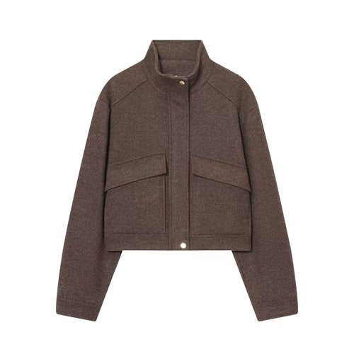 Damen Kurz geschnittene Wollmix-Boxy-Jacke mit Stehkragen und Pattentaschen Nord Taschen