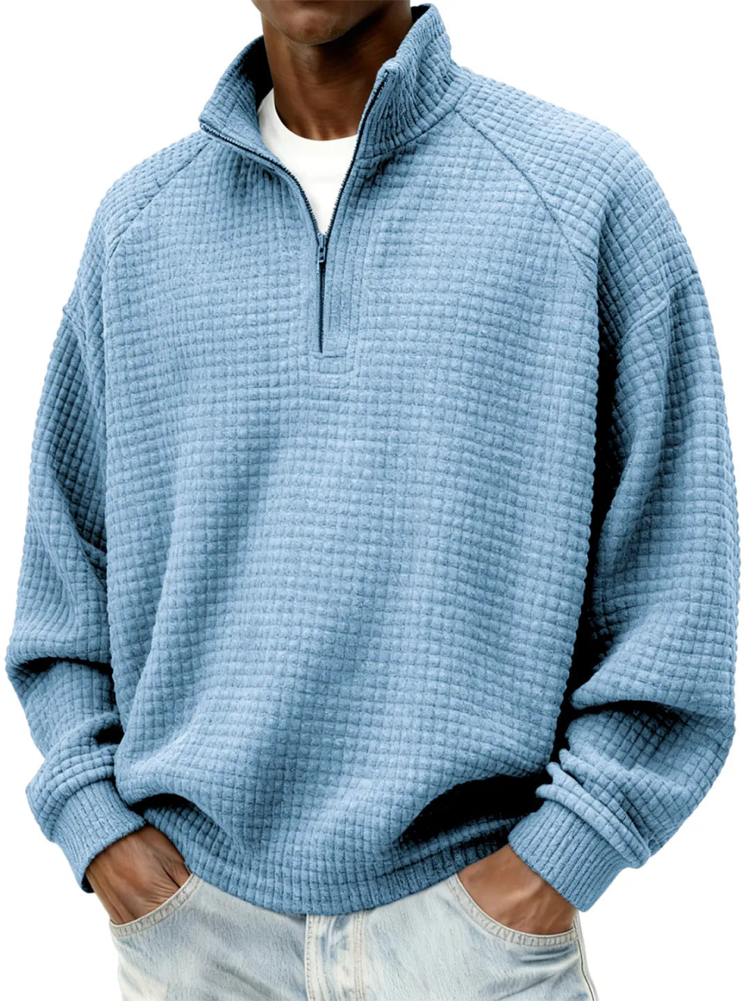 Herren Waffelstrick-Oversize-Pullover mit Halbreißverschluss und Stehkragen Nord Taschen