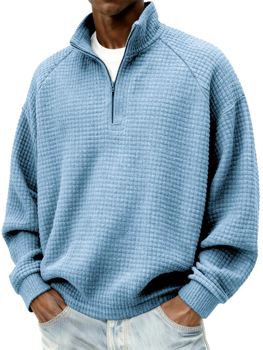 Herren Waffelstrick-Oversize-Pullover mit Halbreißverschluss und Stehkragen Nord Taschen