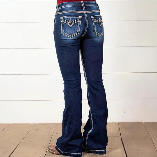 Damen Hochtaillierte Flared-Jeans mit dekorativen Metallknöpfen und Kontraststeppung Nord Taschen