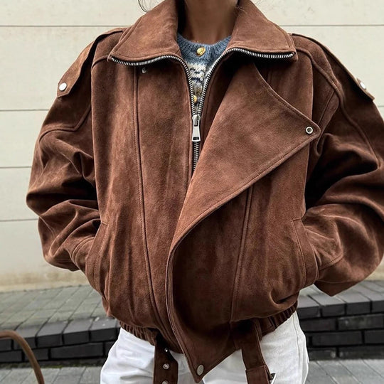 Damen Oversize-Bomberjacke im Velourslook mit hohem Stehkragen und Taillengürtel Nord Taschen