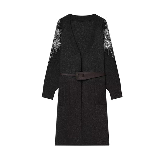 Damen Lange Strickmantel-Cardigan mit Taillengürtel und Paillettenärmeln Nord Taschen