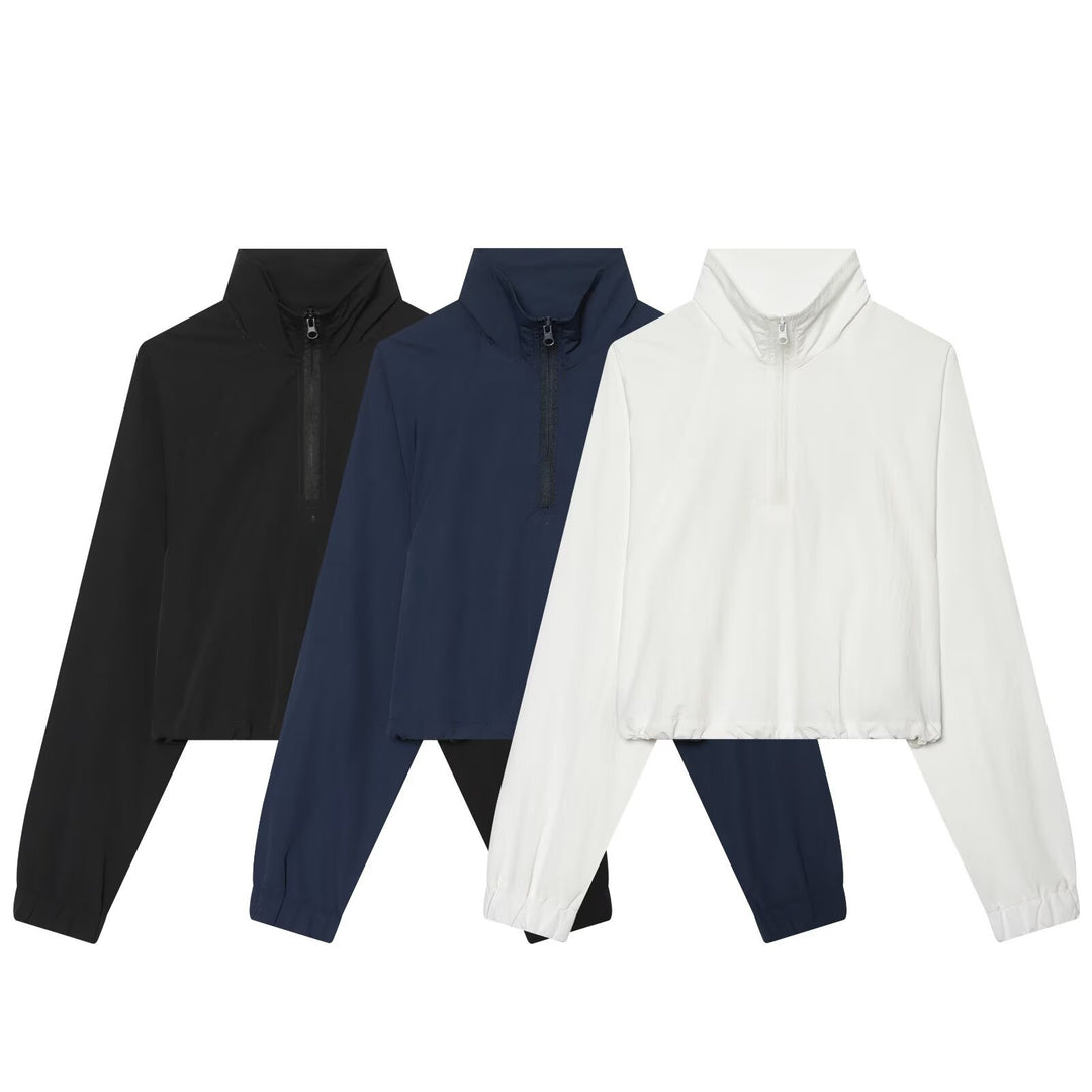 Damen Kurzgeschnittener Windbreaker mit Halbreißverschluss, hohem Stehkragen und Kordelzug Nord Taschen