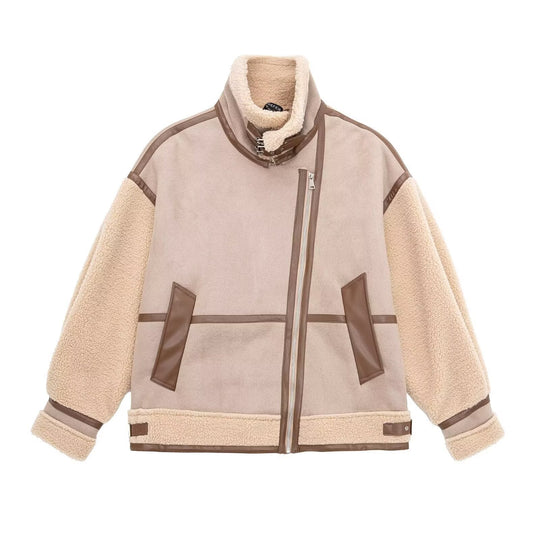 Damen Oversized Fliegerjacke mit Teddyfutter, asymmetrischem Reißverschluss und Kunstlederdetails Nord Taschen