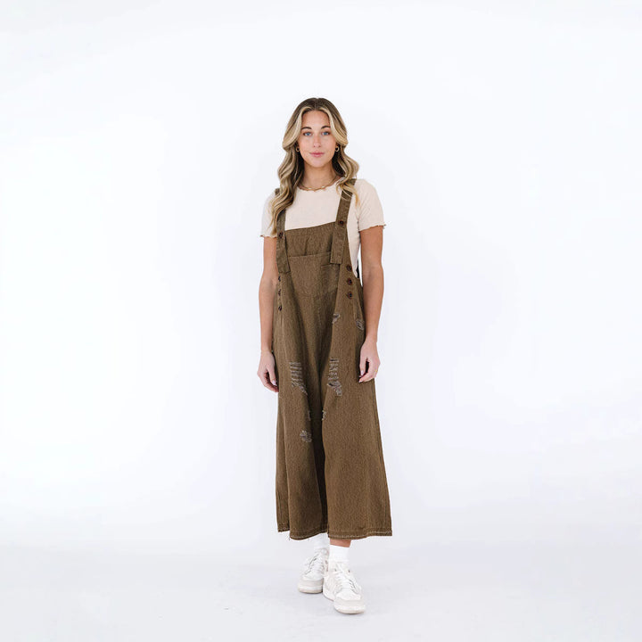 Damen lässige verwaschene Latzhose aus Jeansstoff mit Rissen und weitem Bein Nord Taschen