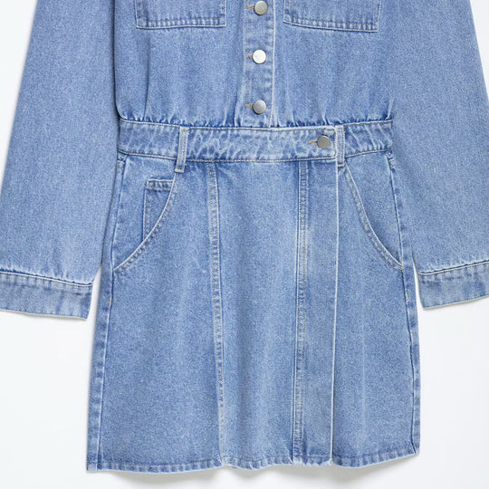 Damen Jeanskleid mit Hemdblusenkragen Taillengürtel und aufgesetzten Taschen Nord Taschen