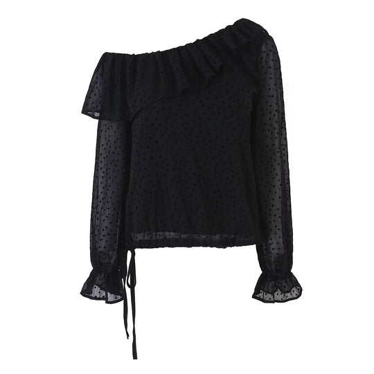 Damen Schulterfreie Chiffonbluse mit Volantkragen und transparenten Puffärmeln Nord Taschen