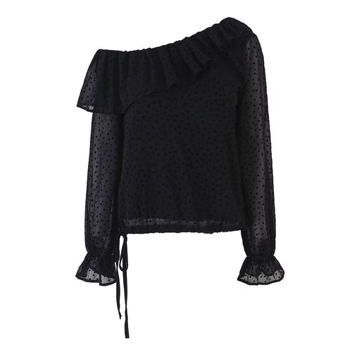 Damen Schulterfreie Chiffonbluse mit Volantkragen und transparenten Puffärmeln Nord Taschen