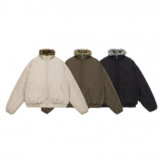 Damen Oversize wattierte Bomberjacke mit elastischem Saum und Kunstfellbesatz Nord Taschen