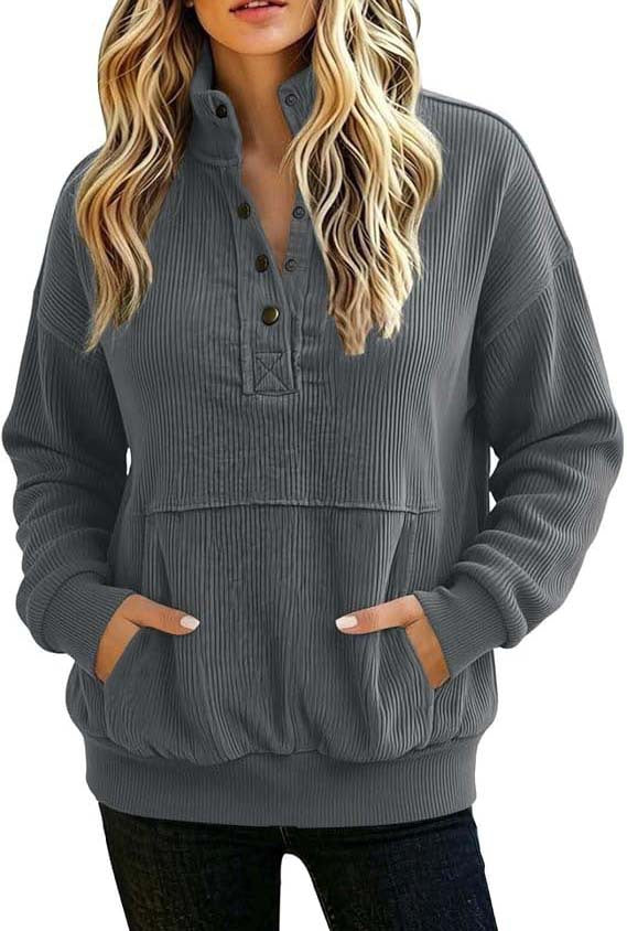 Damen gerippter Henley-Pullover mit Stehkragen und Kängurutasche Nord Taschen