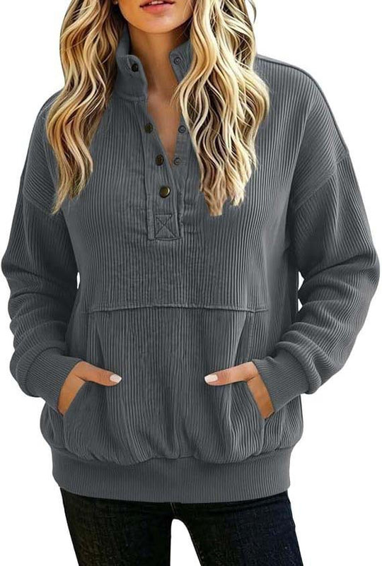Damen gerippter Henley-Pullover mit Stehkragen und Kängurutasche Nord Taschen