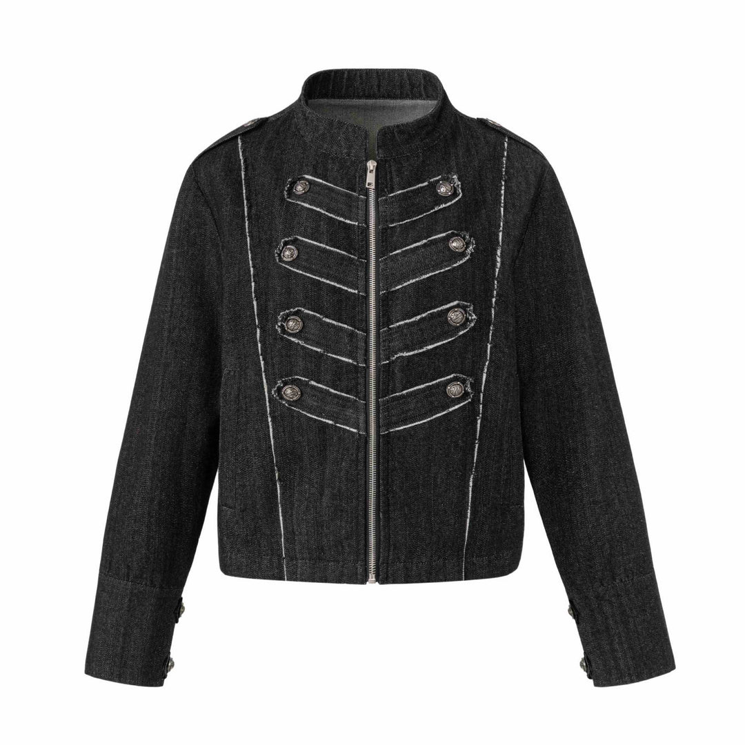 Damen Denim‑Blouson im Military‑Look mit Stehkragen und Zierknopfleiste Nord Taschen