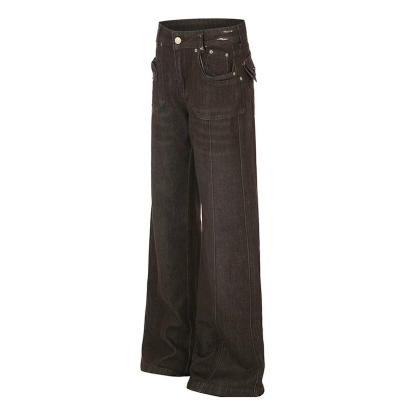 Damen Weite High‑Waist Denimhose mit geradem Bein und Utility‑Pattentaschen Nord Taschen