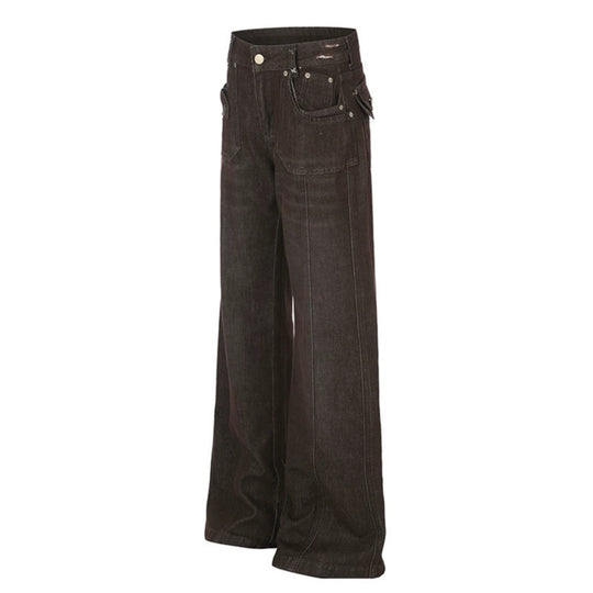 Damen Weite High‑Waist Denimhose mit geradem Bein und Utility‑Pattentaschen Nord Taschen