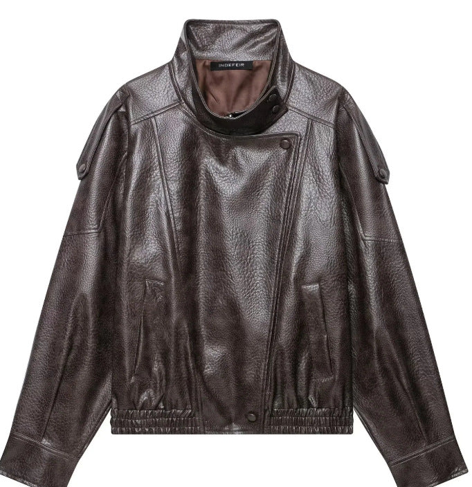 Damen Cropped Kunstleder‑Bomber mit asymmetrischer Druckknopfblende und Funnelkragen Nord Taschen