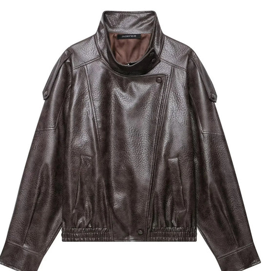Damen Cropped Kunstleder‑Bomber mit asymmetrischer Druckknopfblende und Funnelkragen Nord Taschen